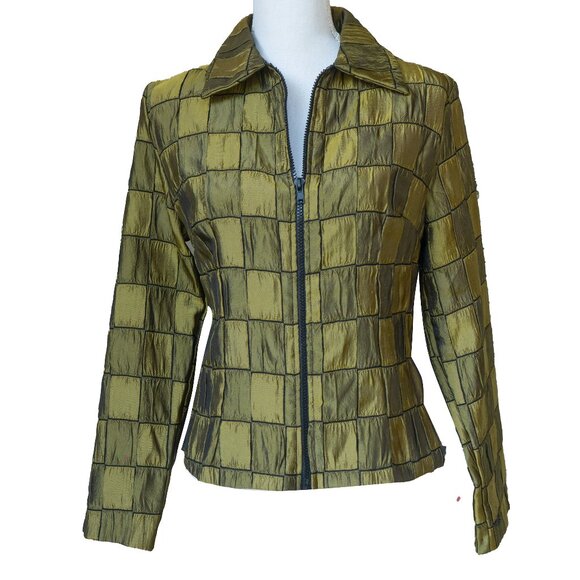 Vintage 90s Green Shiny Jacket Croc Square patchwork Metallic Y2k Style Disco - Picture 1 of 11